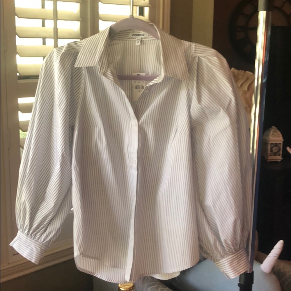 Express puff sleeve white and blue pinstripe